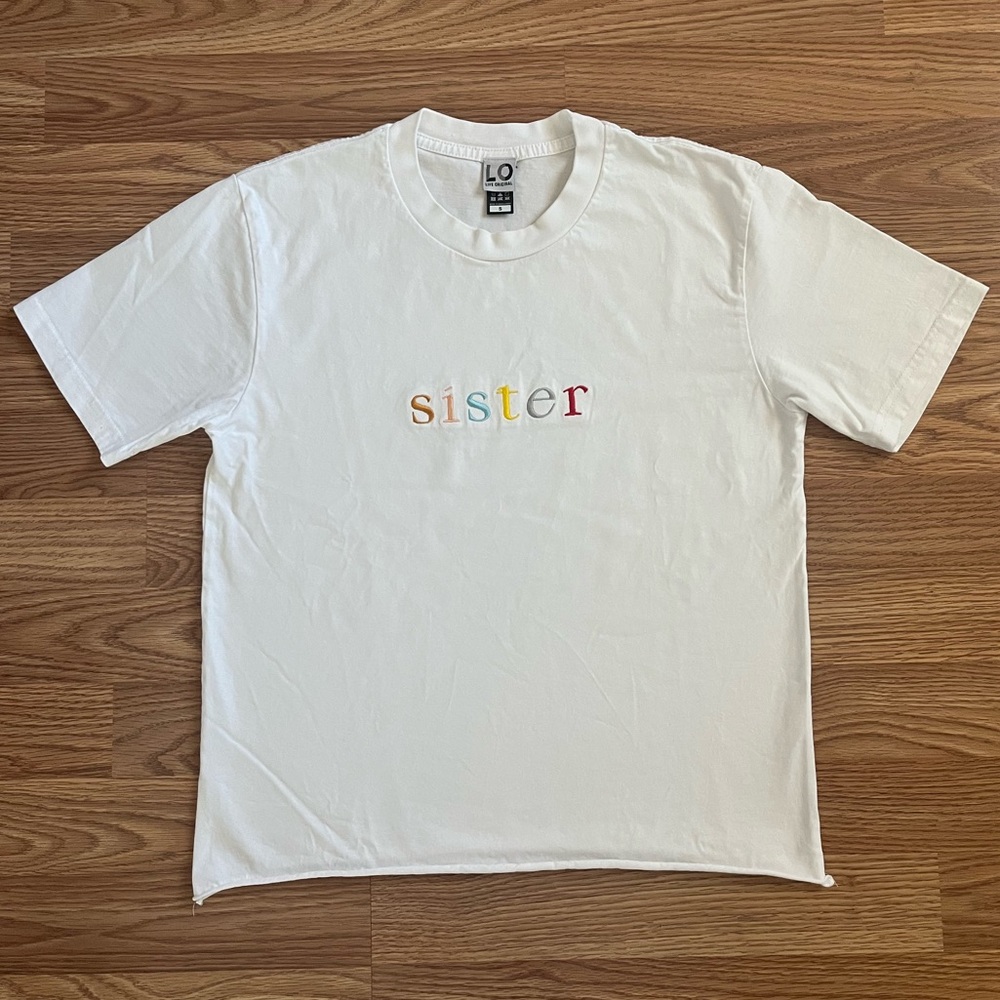 White Tee with Colorful 'Sister' Print